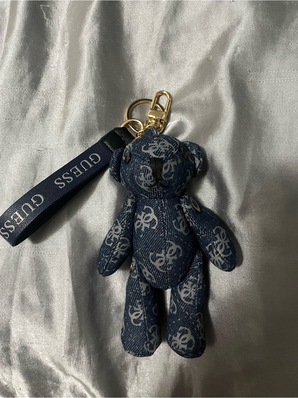 GUESS Logo Denim Bear Bag Charm with Gold Keyring - Picture 2 of 5